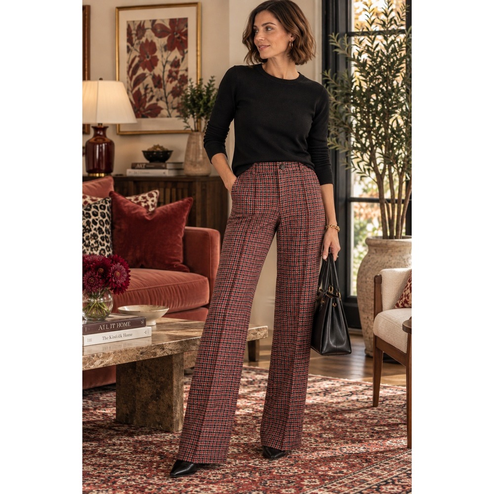 Lysse New York Red Houndstooth Wide Leg Pull On Pants XL High Rise Stretch